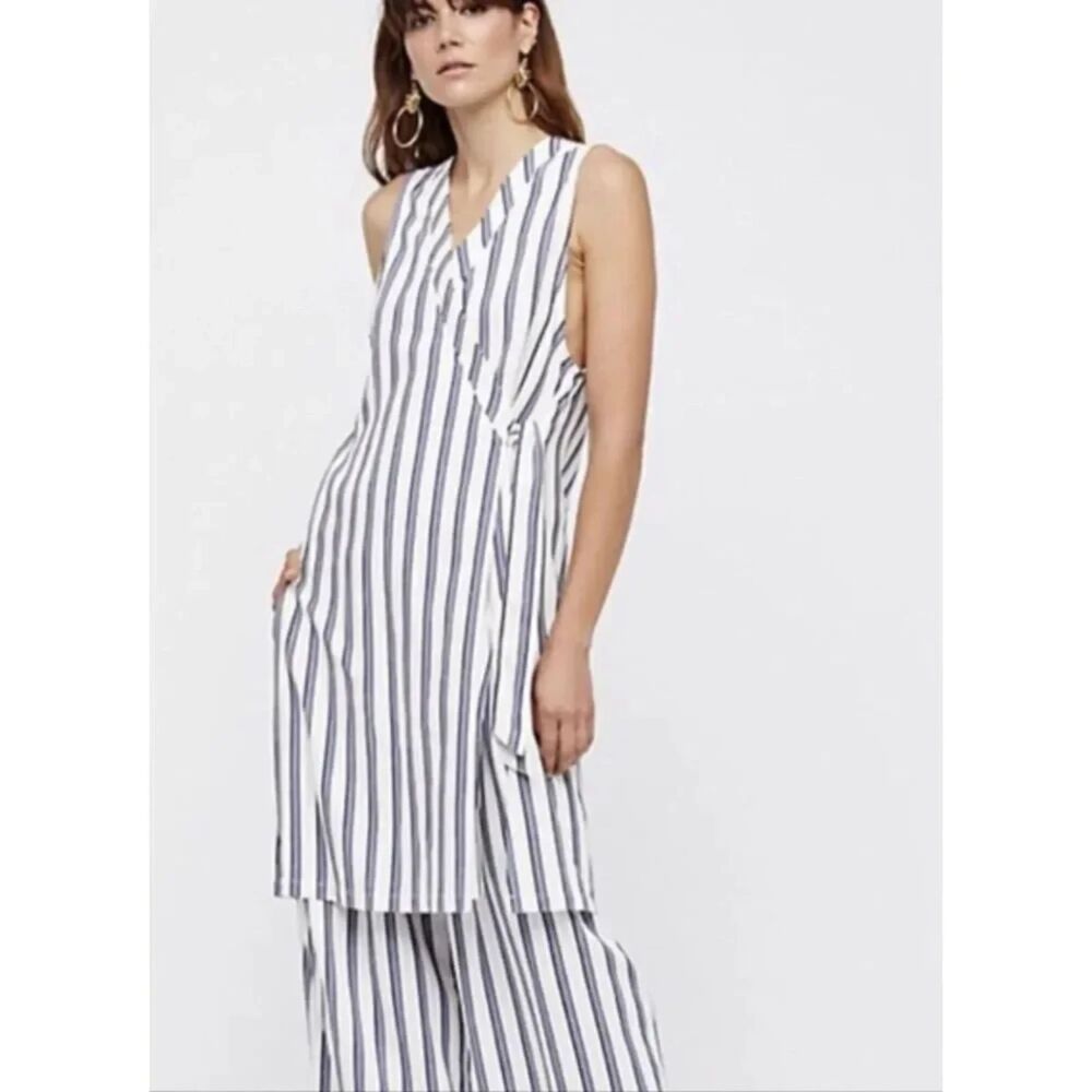 Free People Blue White Striped Sleeveless Tunic Top Boho Longline Large Vest